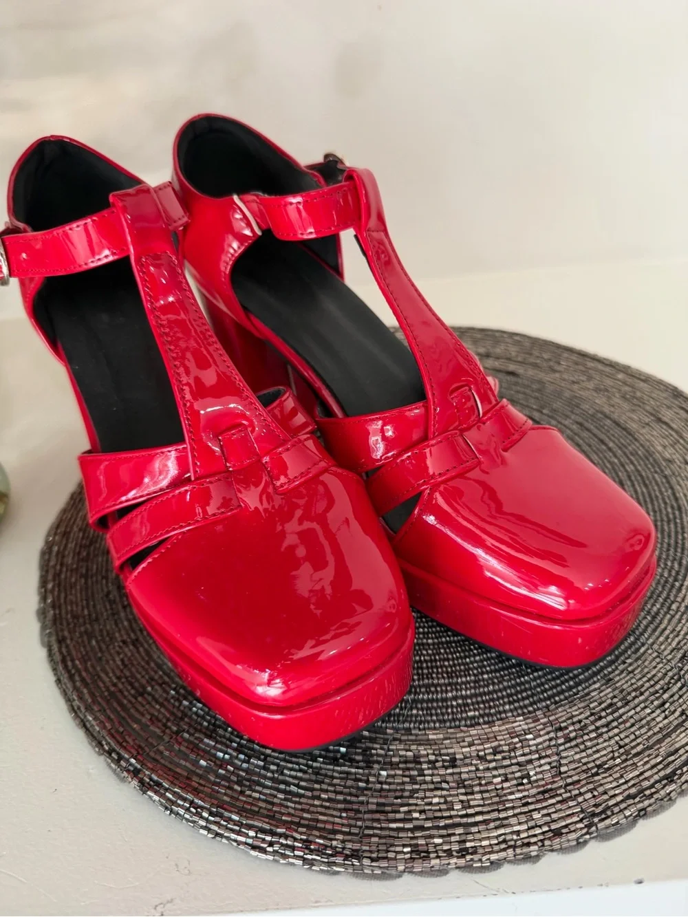 Patent Red T-Strap Platform Heels with Ankle Buckle